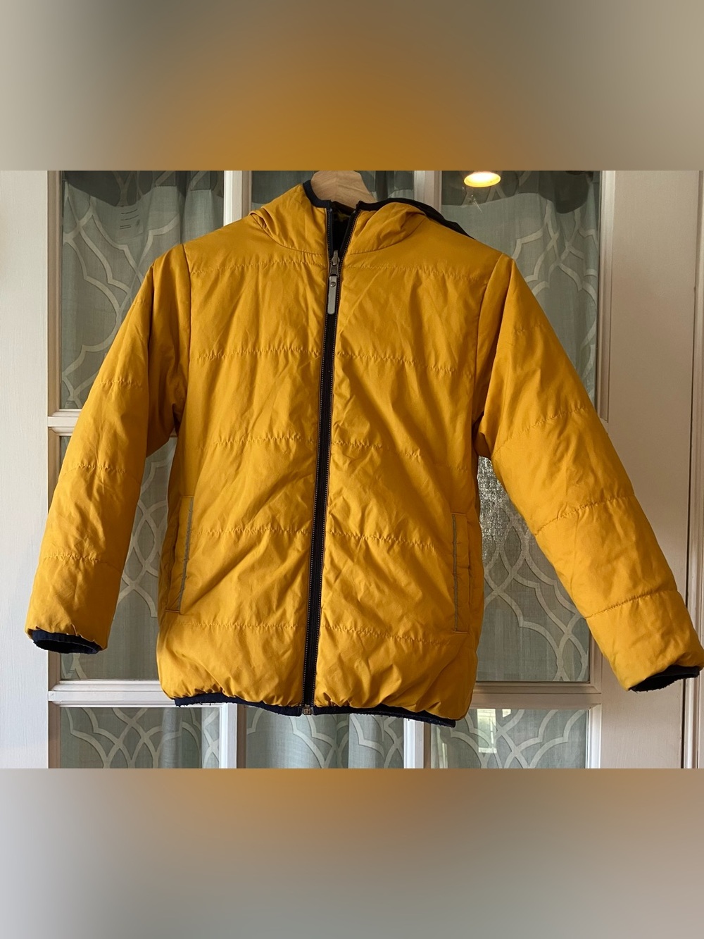 Hanna Andersson size 140 10 yrs yellow reversible w/ navy dinosaurs puffer coat